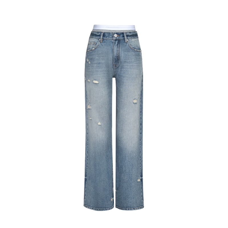 ANN ANDELMAN Official Two-Piece Style Elastic Waist Distressed Blue Denim Jeans for Women M