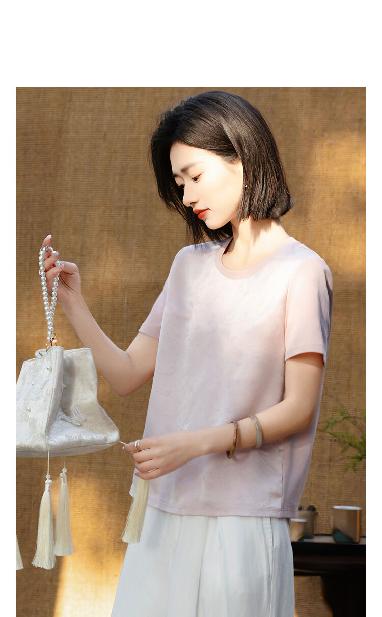 Demana Cloud Cotton Series Summer National Style New Chinese Glossy Jacquard Splicing Slimming Concealing T-Shirt for Women Premium Feel 14