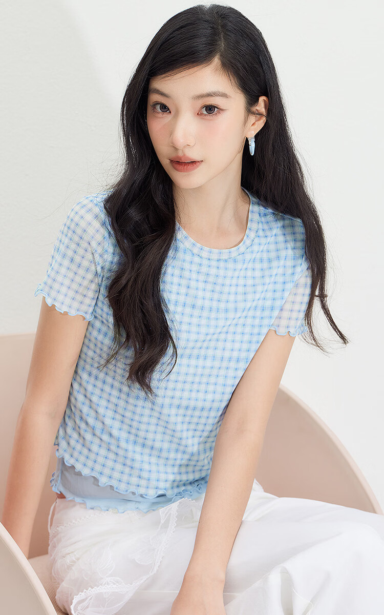 Semir Women's Short Sleeve T-Shirt Summer Short Plaid Mesh Fake Two-Piece Slim Fit 2026 Design Top 109326100013 2