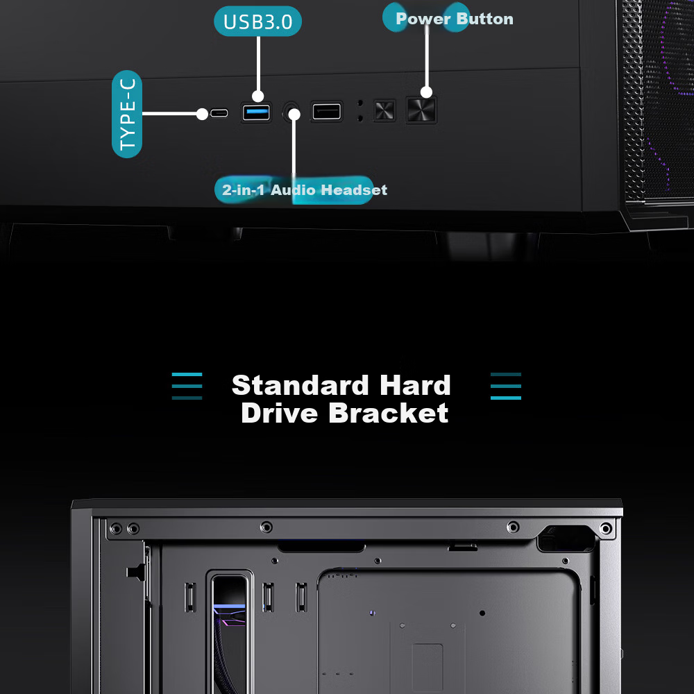 PADO Fengdu 5 Black Desktop Computer Case Supports M-ATX Motherboard with Type-C Front Panel Iron Mesh Sliding Glass Design 8 Fan Slots 17