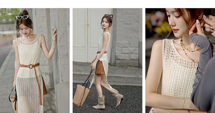 MT Breathable Knit Spring French Vacation Style Hollow Out Sleeveless Side-Slit Mid-Length Women's Dress 6