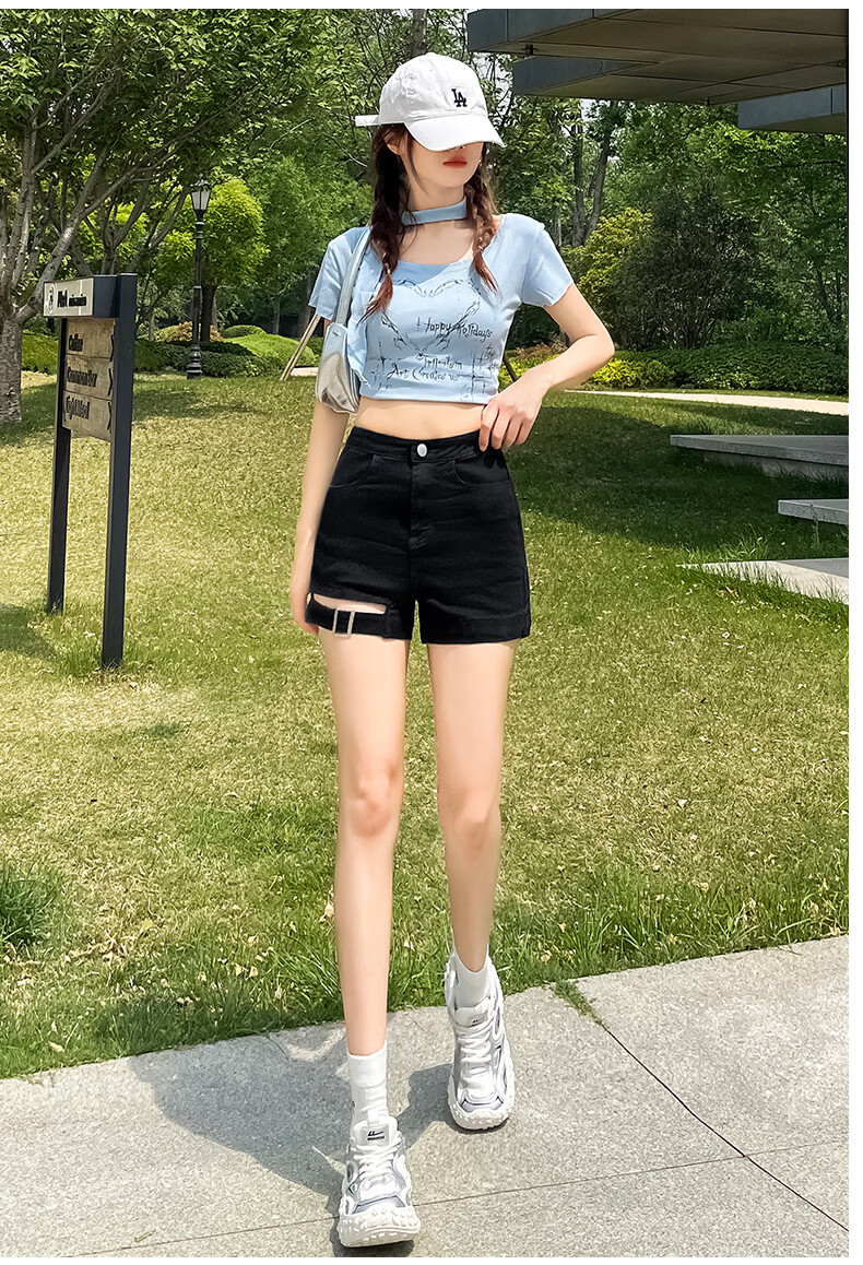 Jeanswest Women's Denim Shorts 2026 Spring Summer High Waist A-Line Slim Functional Style Hot Pants Black M 11