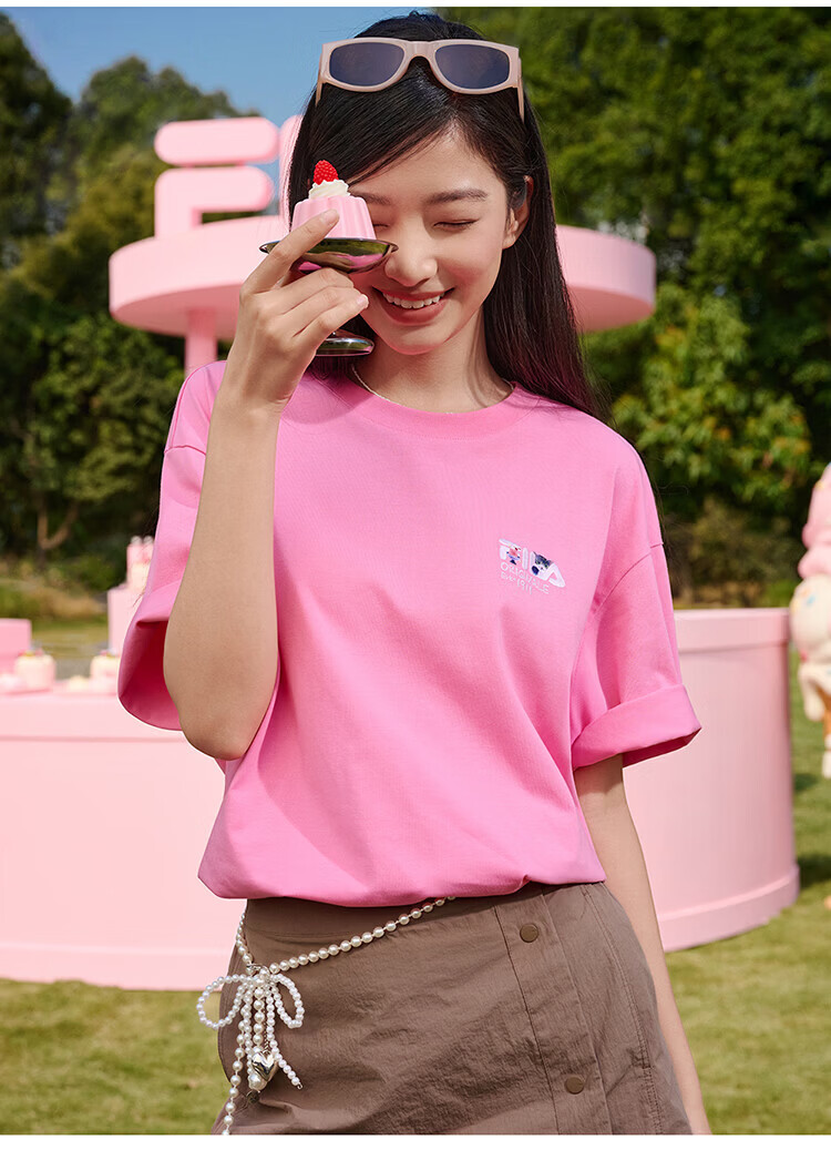 FILA Official Couple's Knitted Short Sleeve Shirt 2026 Summer Fashion Casual Unisex Loose Cat Embroidery T-Shirt 42