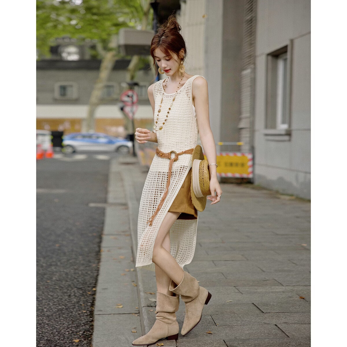 MT Breathable Knit Spring French Vacation Style Hollow Out Sleeveless Side-Slit Mid-Length Women's Dress