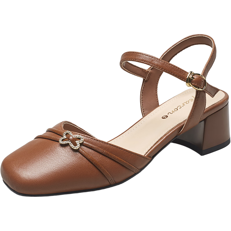 Eierkang Women's Sheepskin Chunky Heel Open Toe Sandals Fairy Style Mary Jane Backless Flats 17896W Brown 35