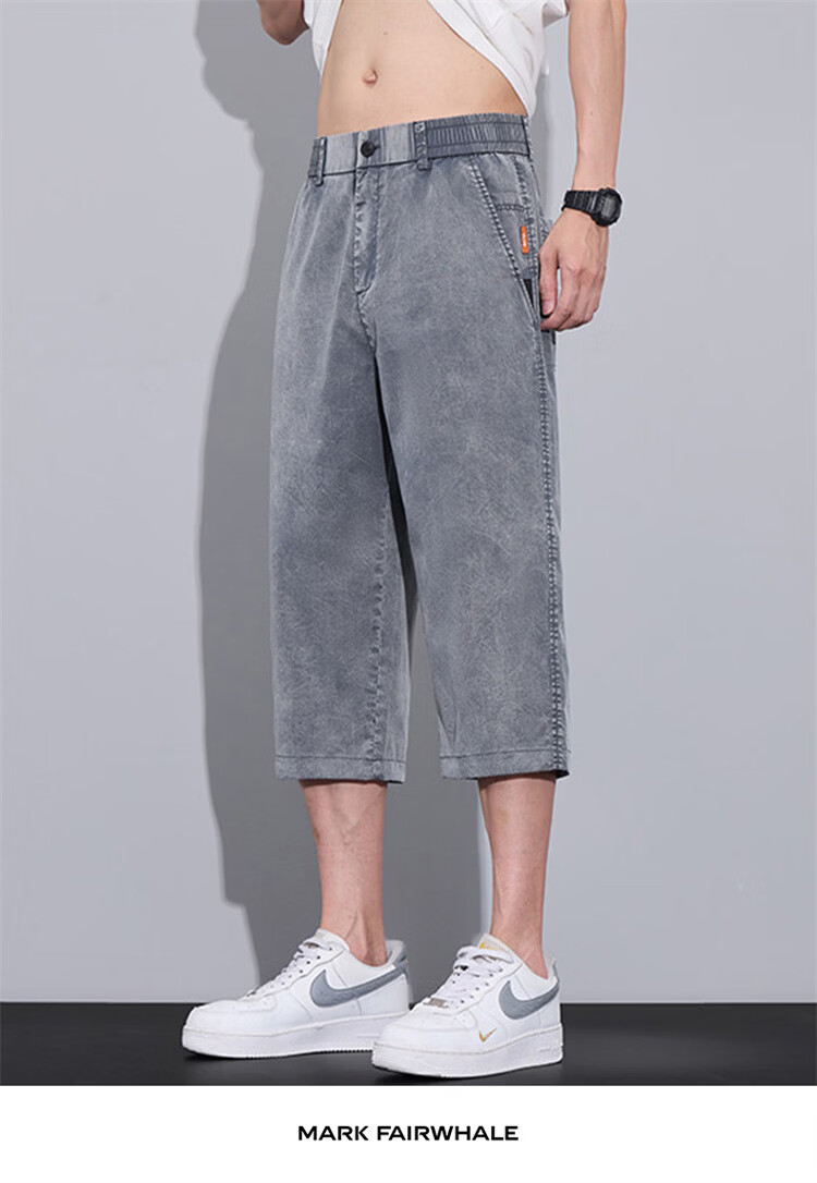 MARK FAIRWHALE Men's Denim Shorts Summer Straight Ice Silk Pants Casual Seven-Point Pants Blue 28 9