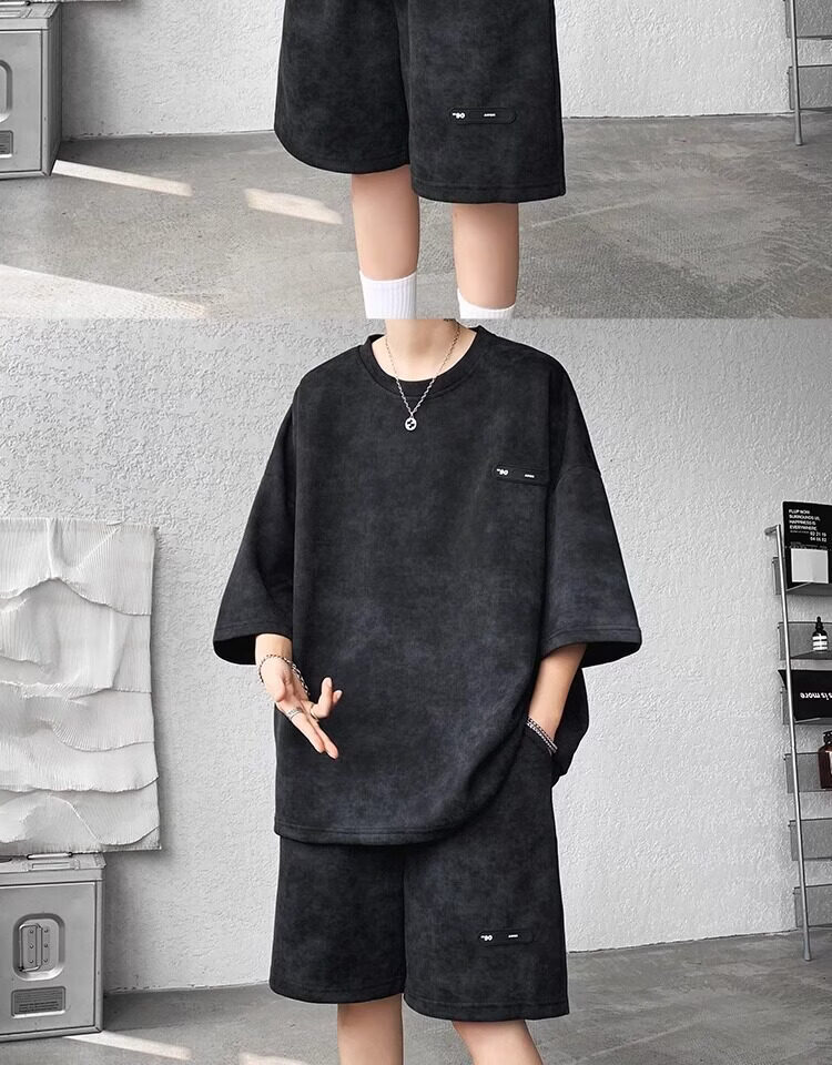 Wassup Sohot American High Street Short Sleeve T-Shirt Set Men Summer Tie-Dye Short Sleeve Shorts Sports Two-Piece Set Gray 5XL 10