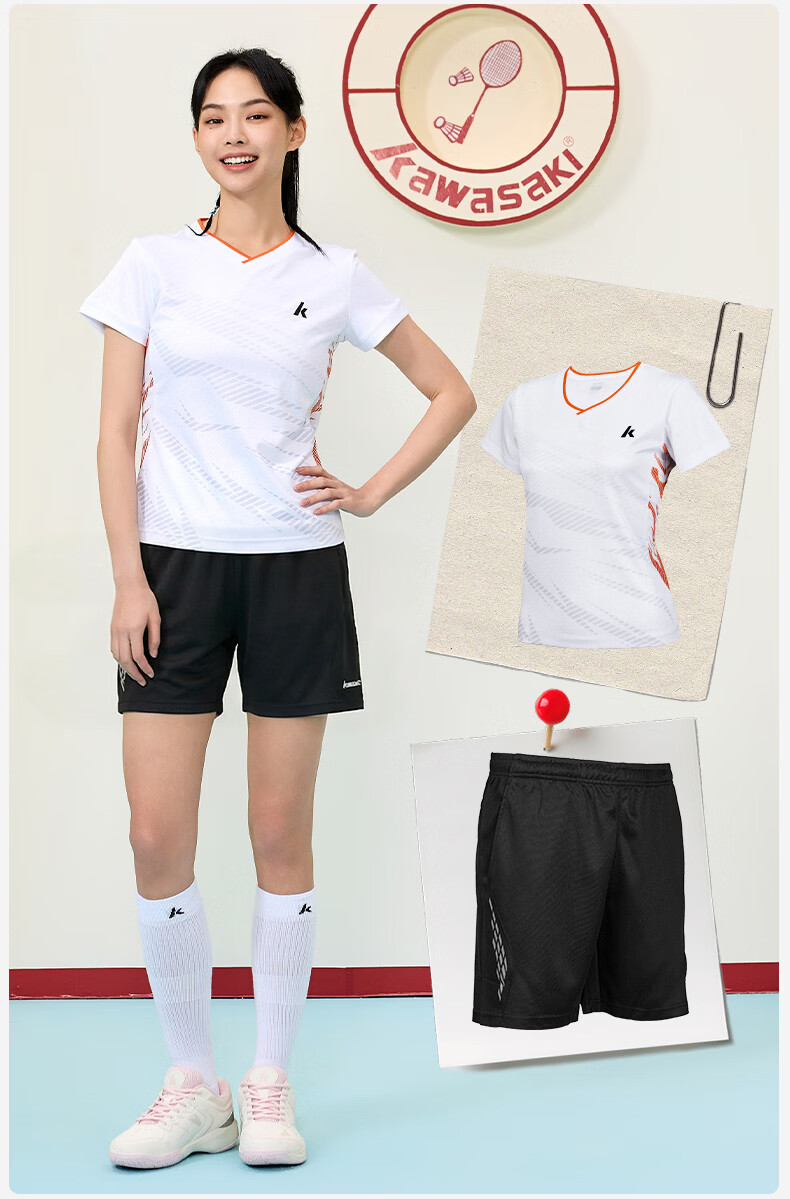 KAWASAKI Women's Badminton Short Sleeve + Shorts Sports Set Sweat-Absorbing Quick-Dry Breathable Training Suit D2827 White XL 10
