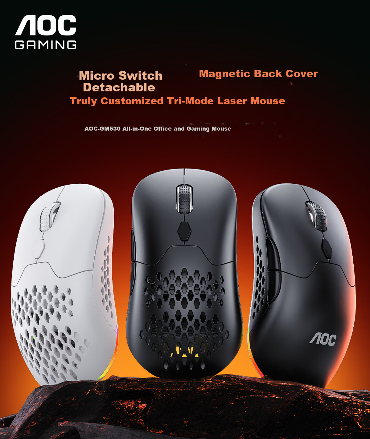 AOC GM530 Wireless Bluetooth Tri-Mode Laser Gaming Mouse RGB Backlit Replaceable Top Cover Left and Right Button Micro Switches White 1