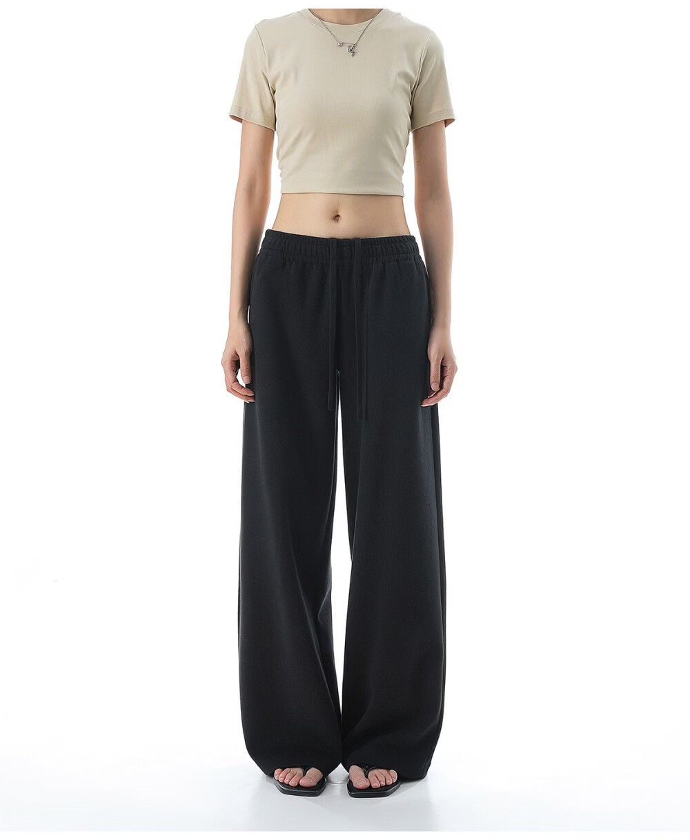 ICH MODE Solid Color Drawstring Women's Sports Pants New Loose Straight-Leg Draped Wide-Leg Casual Trousers Navy Blue S 19