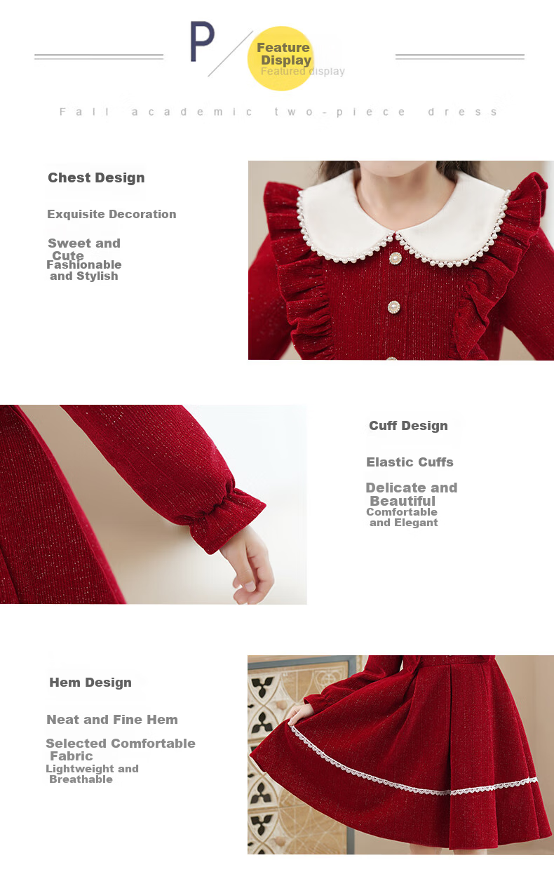 PEPCO Girls' Winter Red Dress Fleece-Lined Children's Winter Dress Princess Dress Red Size 100 3