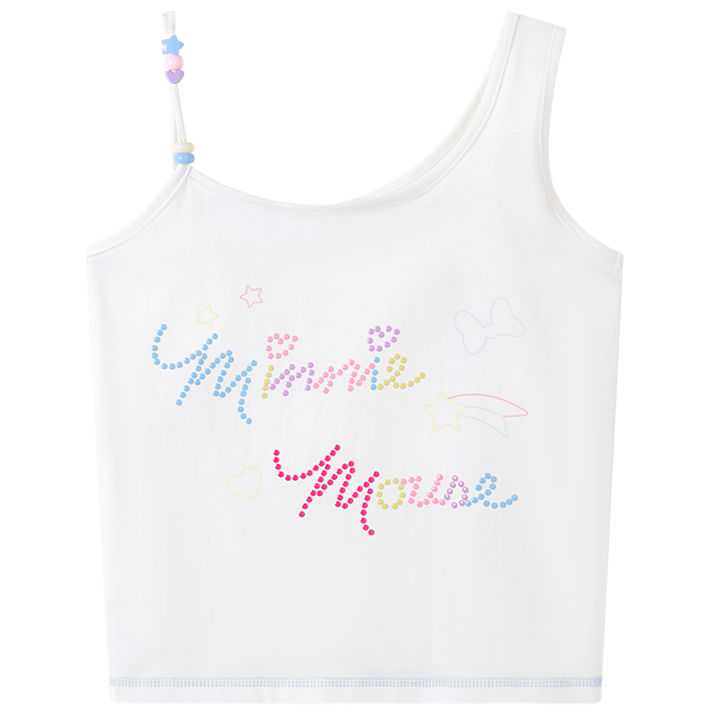 Disney Girls Beaded Spaghetti Strap Tank Top Summer Dopamine Rhinestone Shirt Irregular Strap White 160