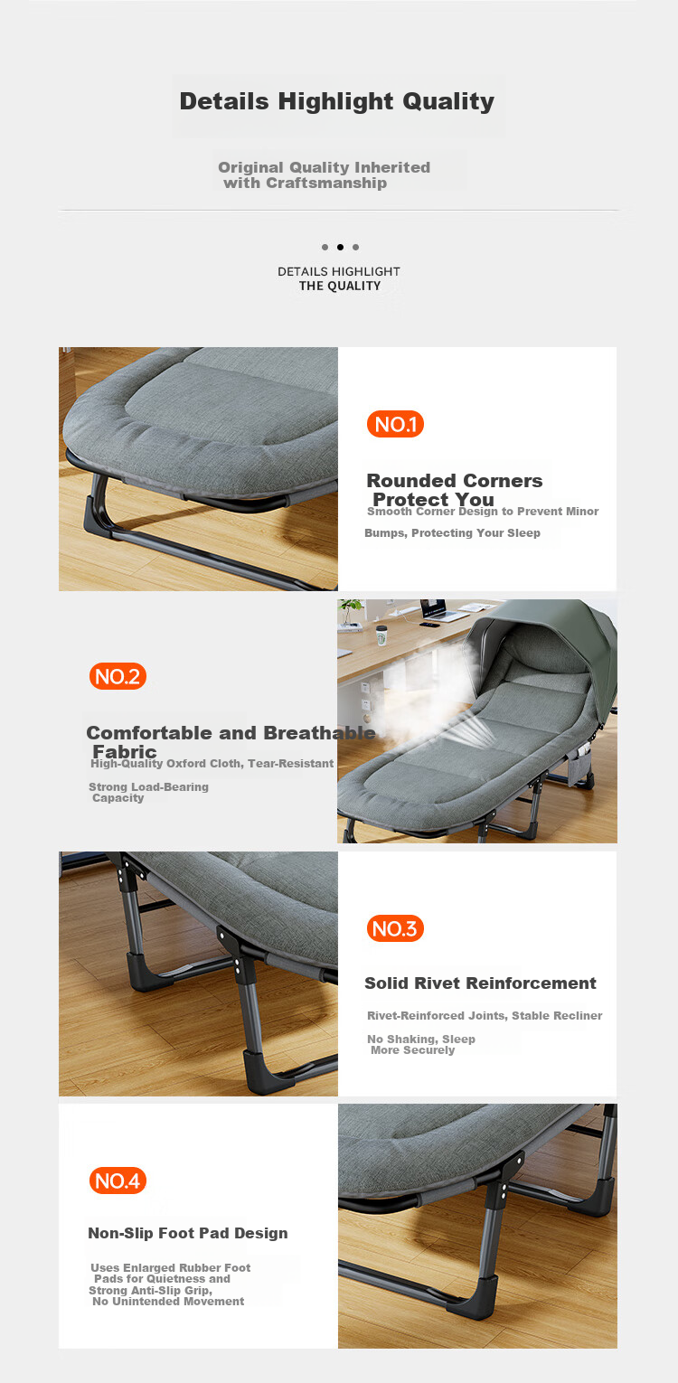 OKeefe Folding Bed Recliner Nap Bed Single Military Cot Office Nap Bed Care Bed Privacy Canopy Light Blocking 180*60 12