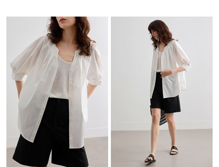 Demana Urban White Moonlight Summer Elegant Pleated V-Neck Cotton Nylon Stretch Loose Slim Shirt for Women Premium Feel 5