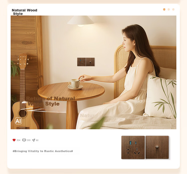 BULL Vintage Switch Socket Acrylic Ultra-thin Panel Five-hole 10A+16A G70Z227 Walnut Color 8