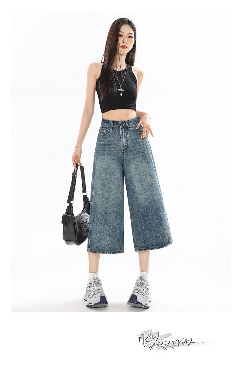 Jeanswest Women's Summer 2026 High-Waist Loose Fit Retro Blue Wide-Leg Cropped Denim Shorts S 9