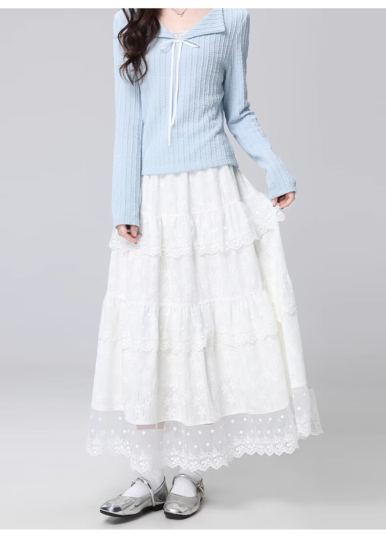 Langsha White Lace Cake Layered High-Waist A-Line Midi Skirt for Women Spring Summer Slim Fit Flowing Fairy Skirt 10