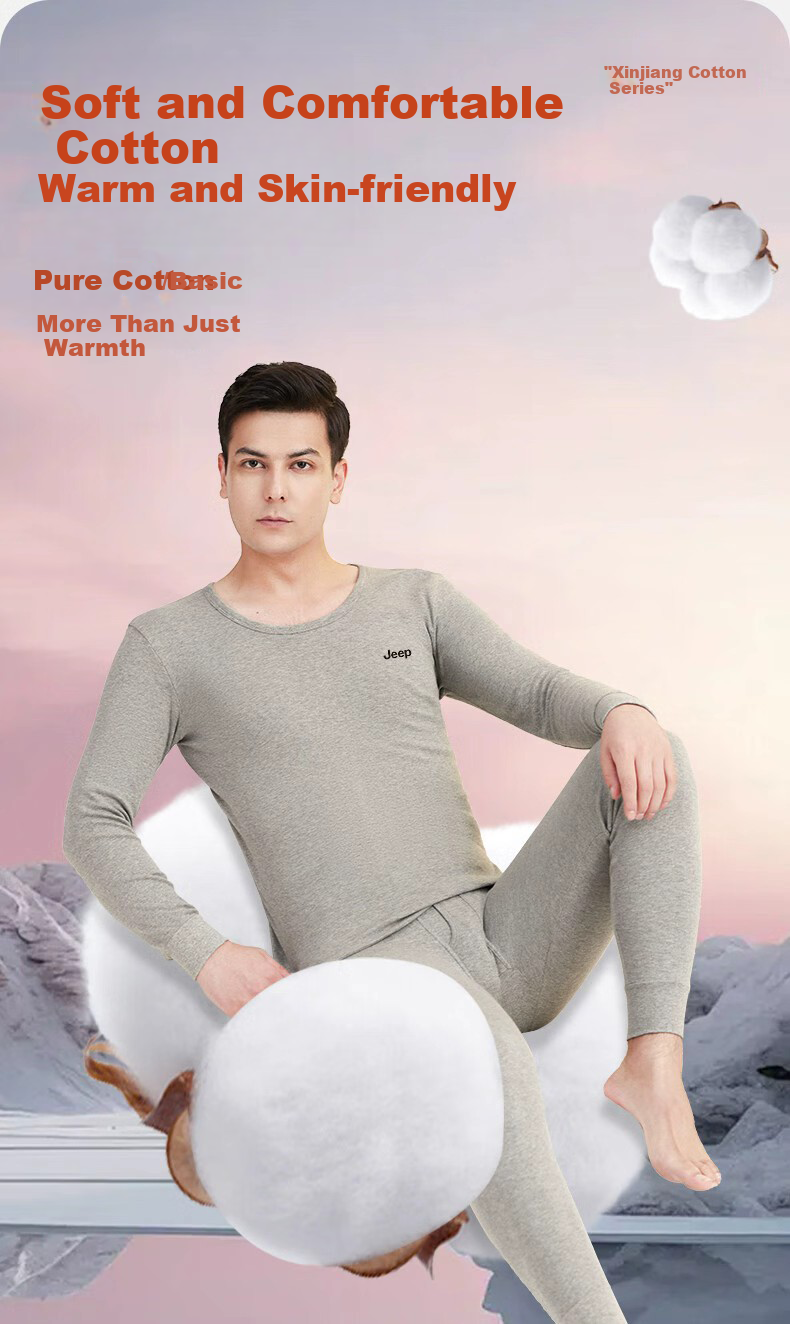 JEEP Men's Thermal Underwear Set [Pure Cotton + 7A Antibacterial] Autumn Long Johns Cold-Resistant Antibacterial Mite-Resistant Lightweight Set 1
