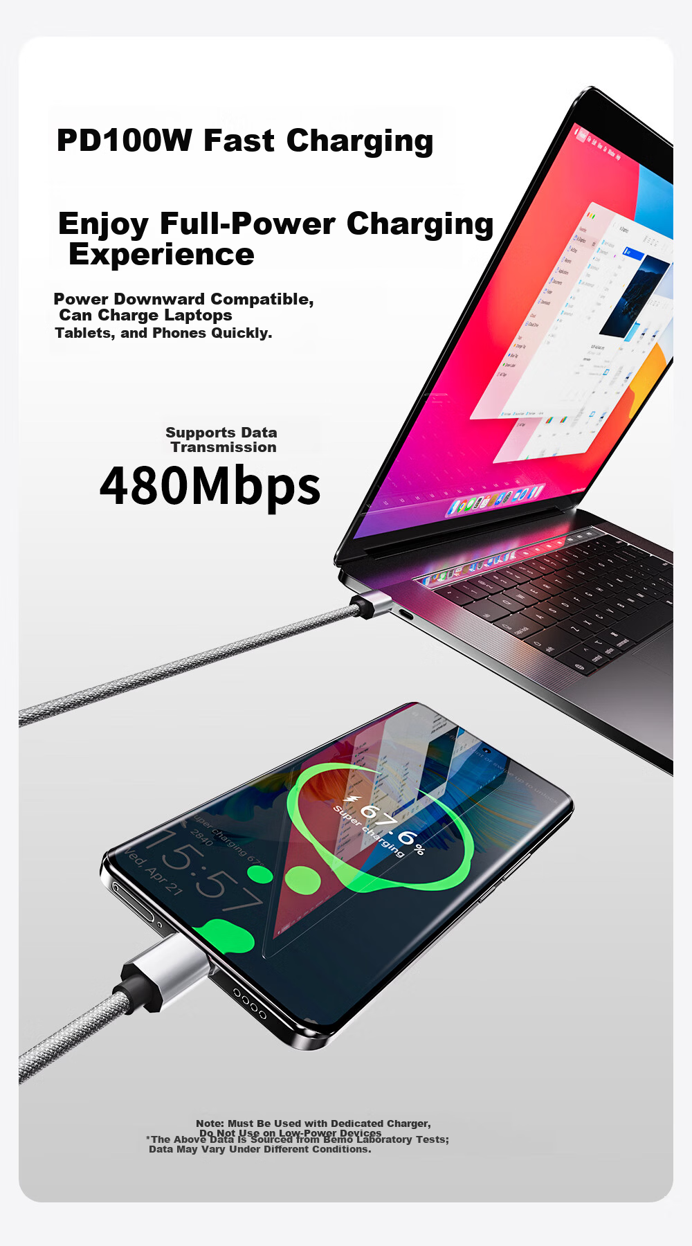Beimo Magnetic Dual-Head Type-C Data Cable 100W Fast Charging Car-Compatible for iPhone 17 Pro Max, iPad, Huawei Silver 1.5m 5