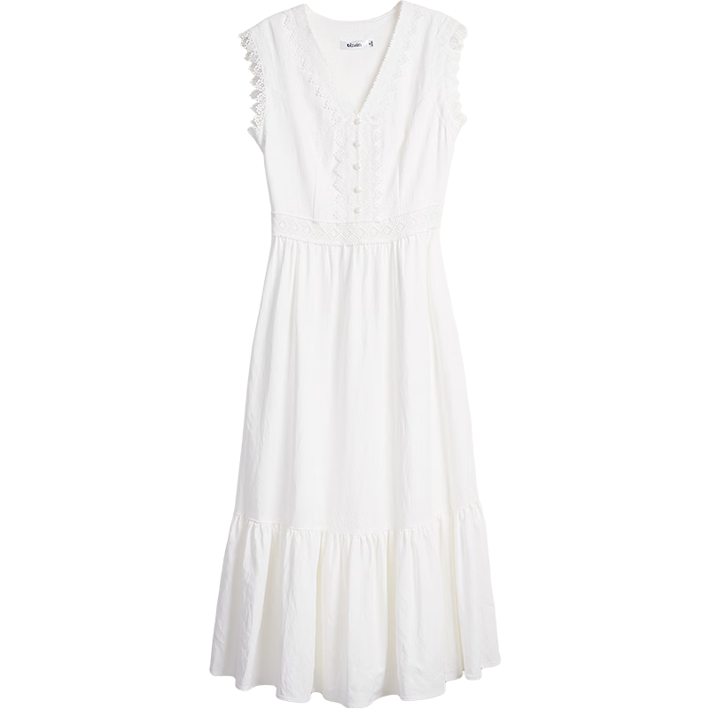 Olrain French Style V-Neck Lace Trim Waist Cinched Sleeveless Vest Dress Long Dress White M