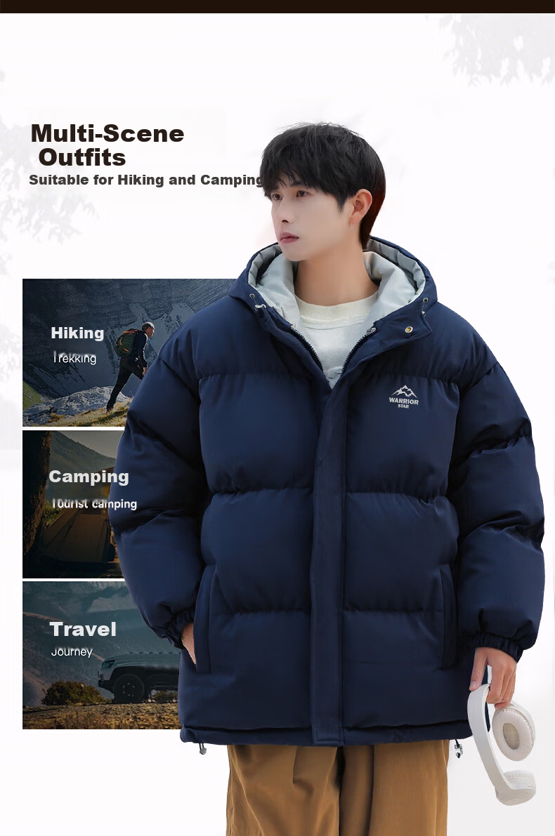 Warrior Men's Winter Hooded Thickened Cotton Jacket Cold-Resistant Warm Cotton Coat Versatile Puffer Jacket 6189 10