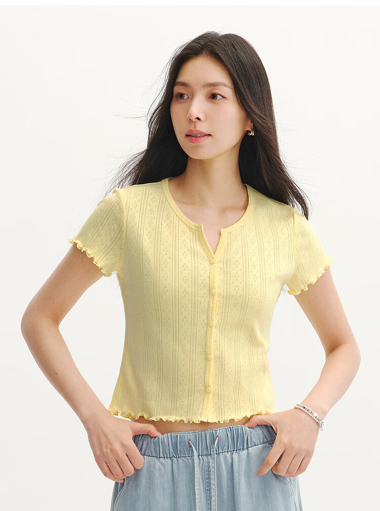 Semir Women's Summer Short Sleeve T-Shirt Short Hollow Textured Slim Fit Cotton Ruffled Edge 2026 Cardigan 109326100008 20