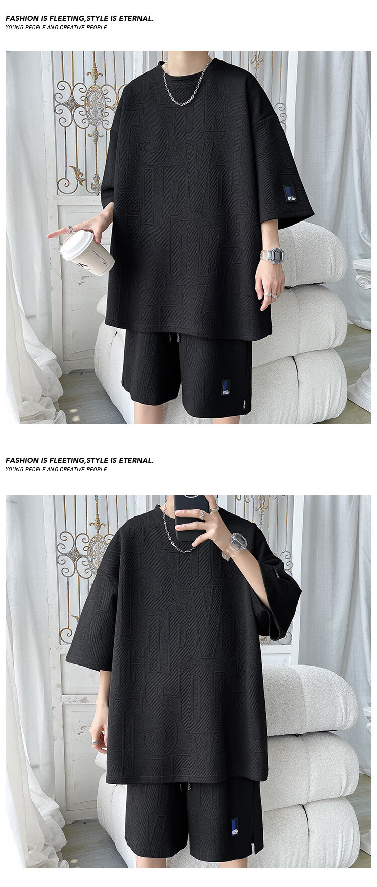 Wassup Sohot Ice Silk Short Sleeve T-Shirt Men's Set New Summer Large Size Loose Half Sleeve Shorts Two-Piece Set Apricot L 6