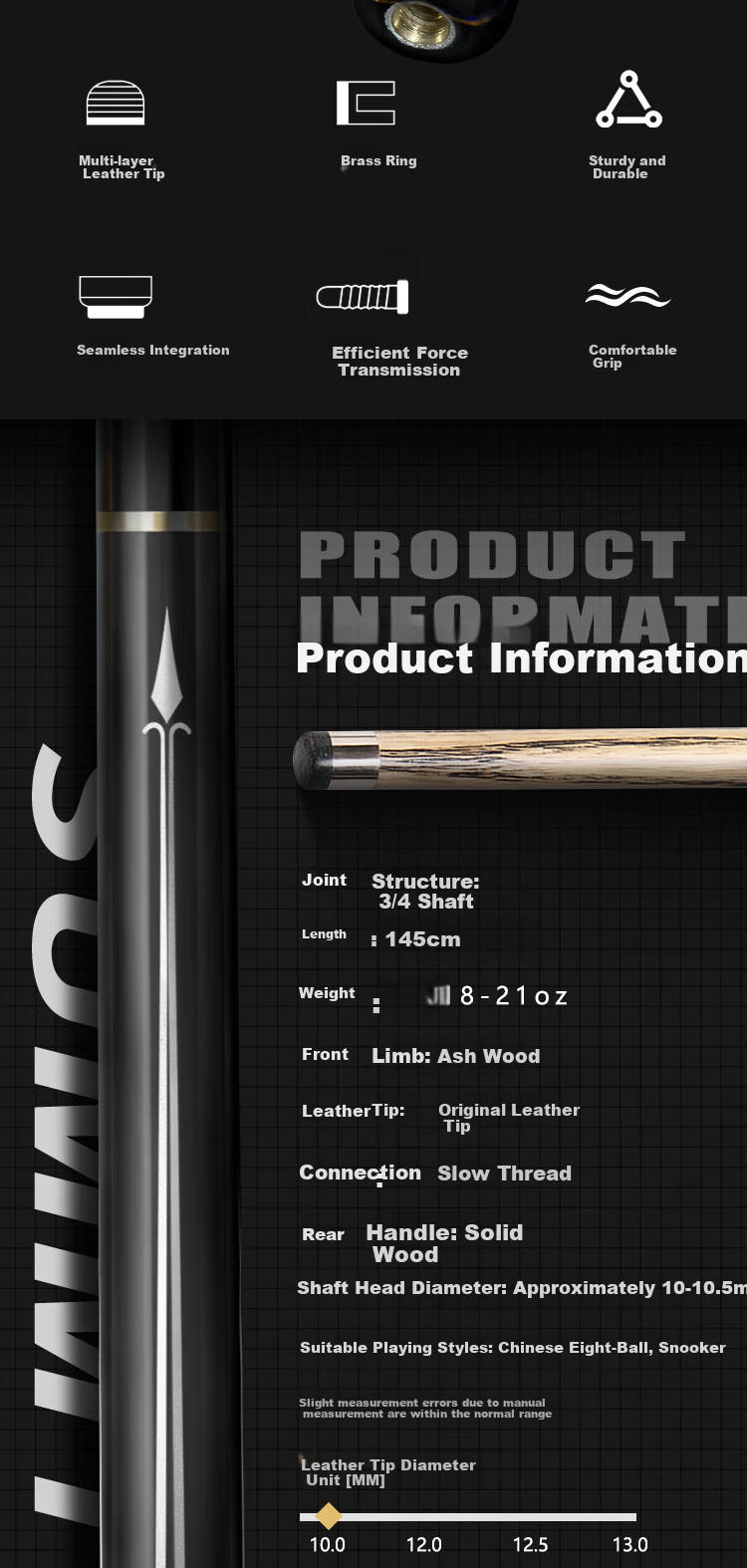 INVUI 3/4 Split Small Tip Chinese Style Black Eight Snooker Cue Z-19 1