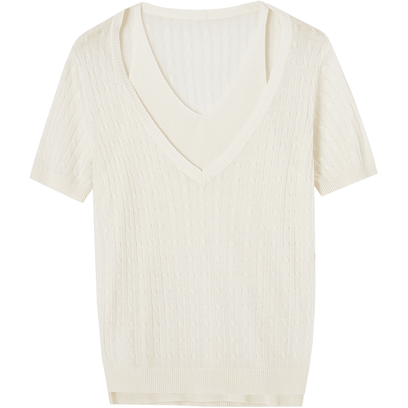 Demana [100 Lyocell] Summer Halter Neck Two-Piece V-Neck Cable Knit Slim Fit Short Sleeve Sweater for Women Premium Quality
