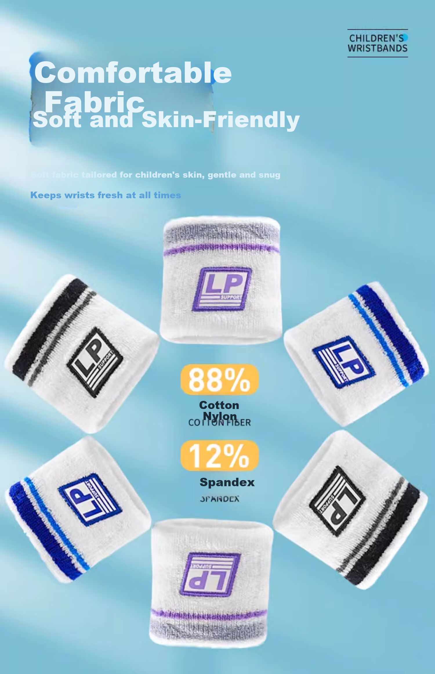 LP 4005CK Kids Wrist Sweatbands Sports Basketball Badminton Street Dance Wrist Sweat Towels Blue Pair 3