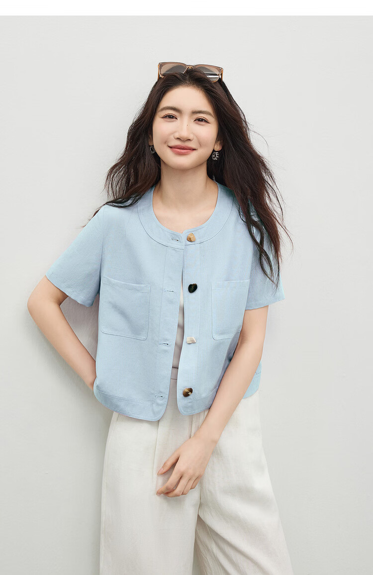 Shangdu Bila Linen Lyocell Jacket Women Spring Summer Petite Round Neck Colorblock Button Short Coat Light Luxury Elegant Cardigan 17