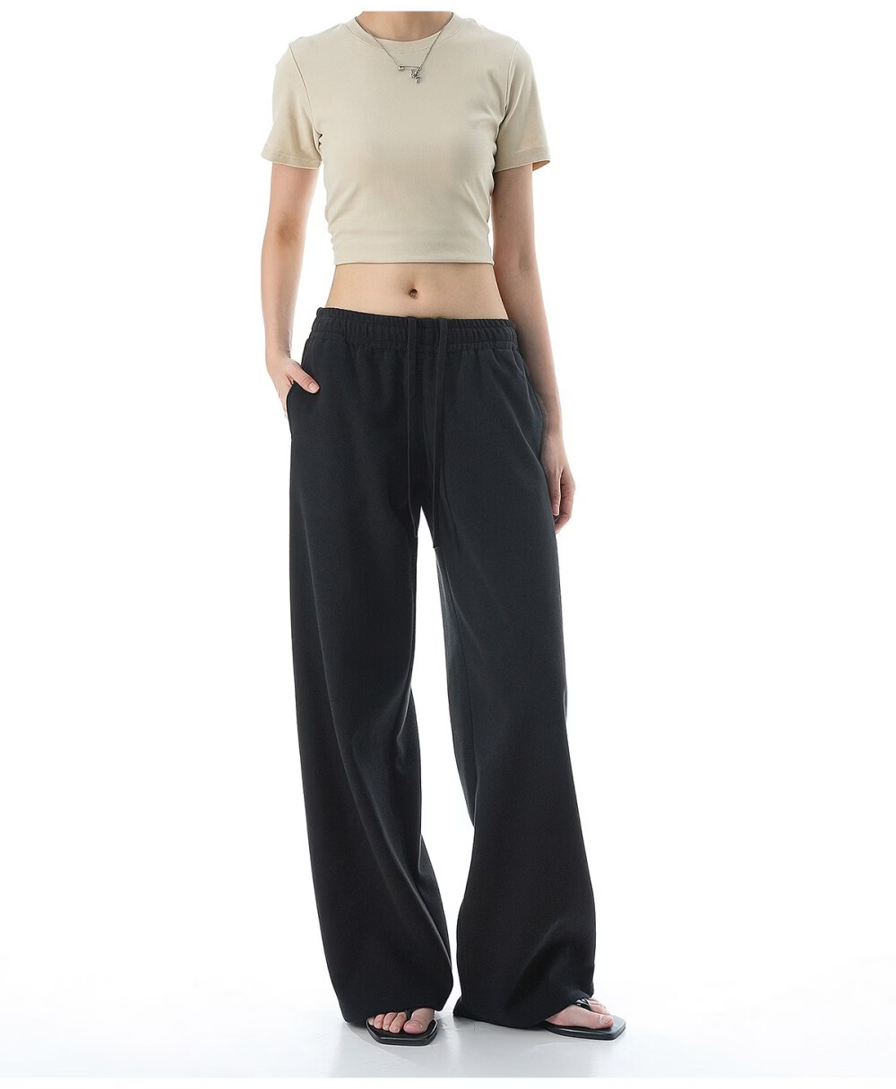 ICH MODE Solid Color Drawstring Women's Sports Pants New Loose Straight-Leg Draped Wide-Leg Casual Trousers Navy Blue S 44