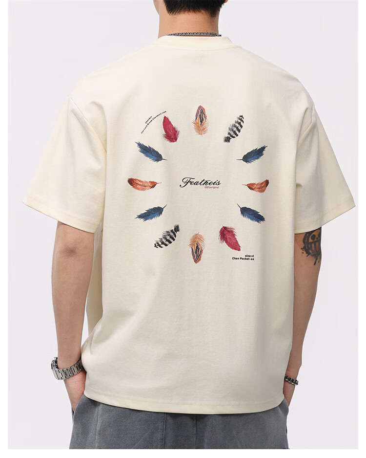 MARK FAIRWHALE Men's Summer Heavyweight Cotton Short Sleeve T-Shirt Fashion Printed Casual Tee Apricot S 1