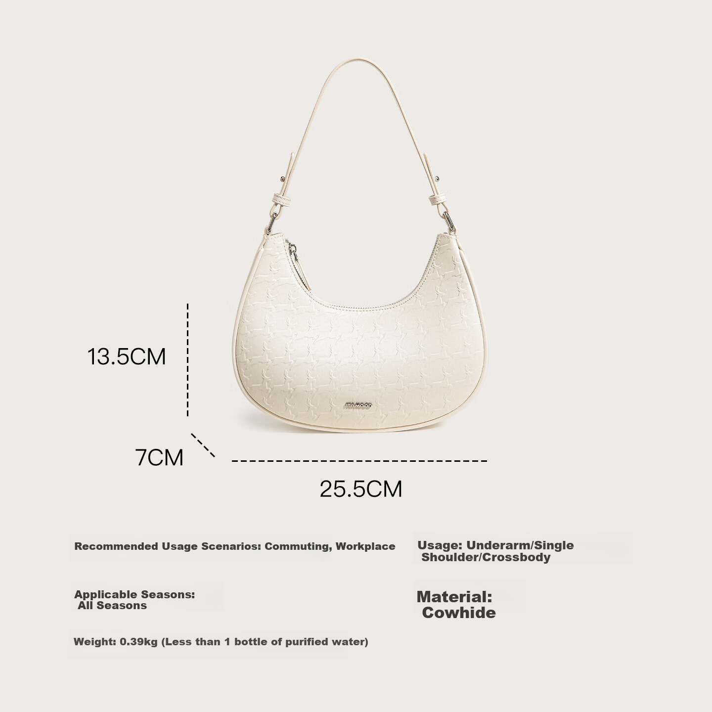 Miaodi 2026 Cowhide Embossed Underarm Baguette Crescent Elegant Workplace Commuter Handbag Crossbody Bag Birthday Gift