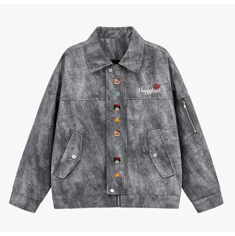 Charles Heart American Street Tie-Dye Lapel Jacket Men Spring Autumn Loose Fit Couple Dark Gray XL 23