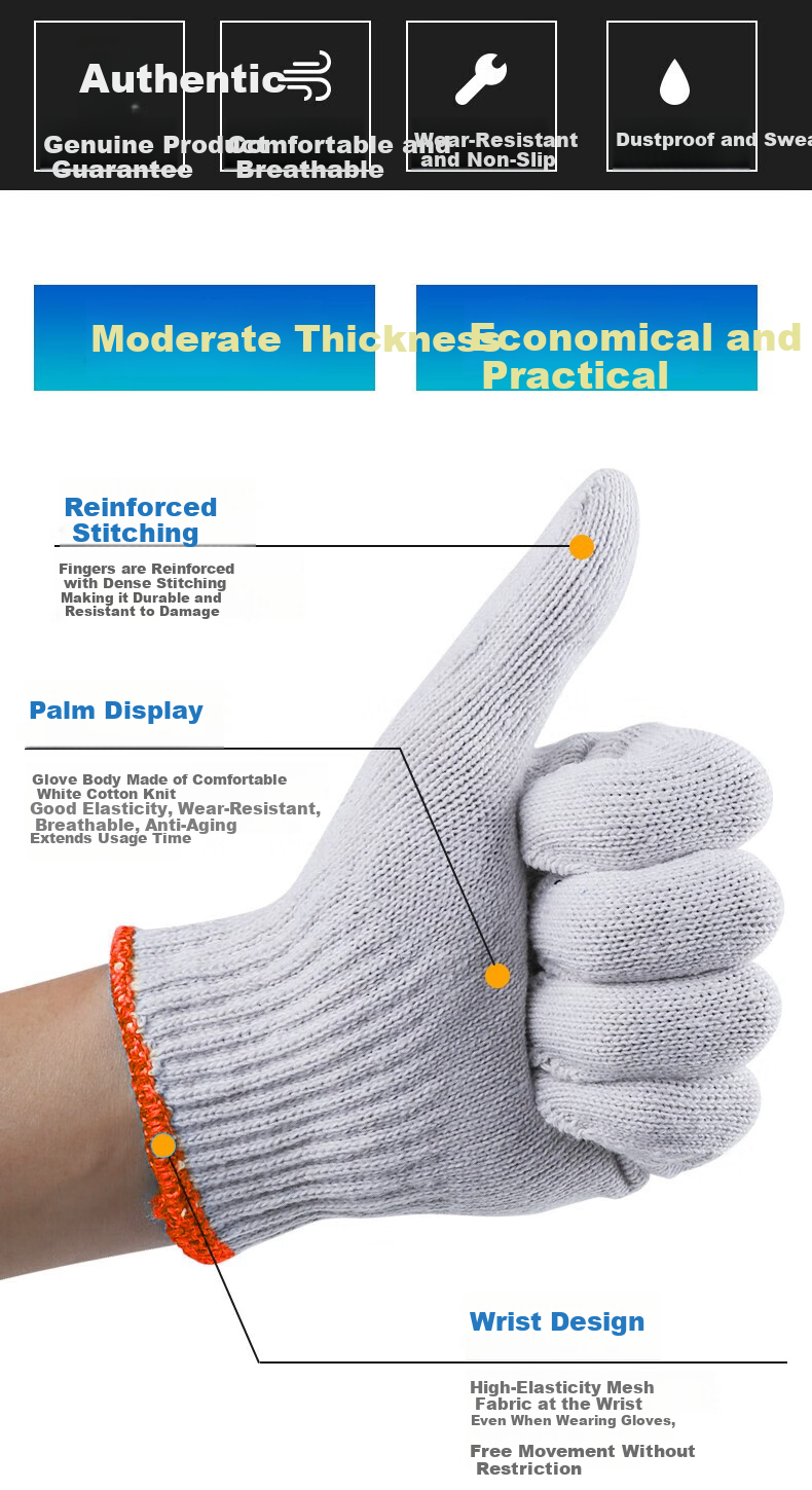 Qianjiadi Work Gloves Durable Thickened White Cotton Yarn Labor Gloves Orange Edge Anti-Slip Cotton Gloves 12 Pairs Bestseller 1