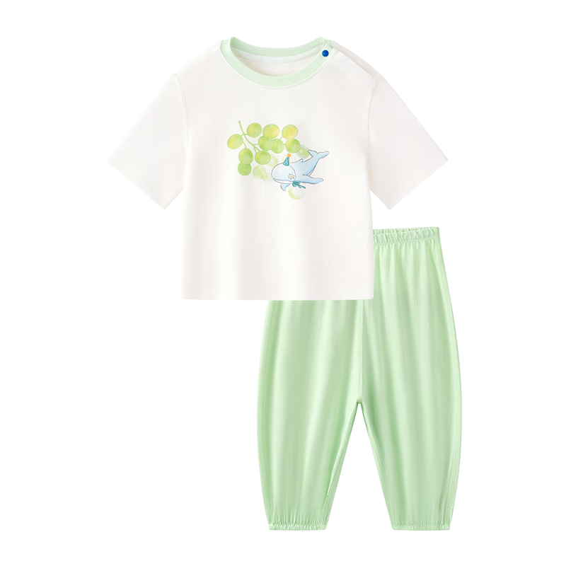 Babycare Children's Natural Cool Short Sleeve Long Pants Summer Baby Homewear Set Milk White Green 90