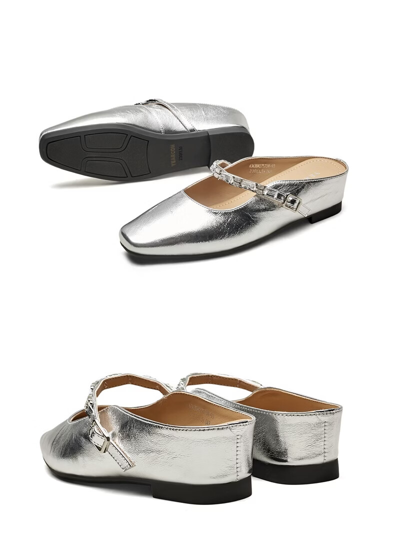 Eierkang Women's Genuine Leather French Style Open Toe Half Slippers, Slip-On Mules with Hidden Heel, Model 27573W Silver Size 37 13