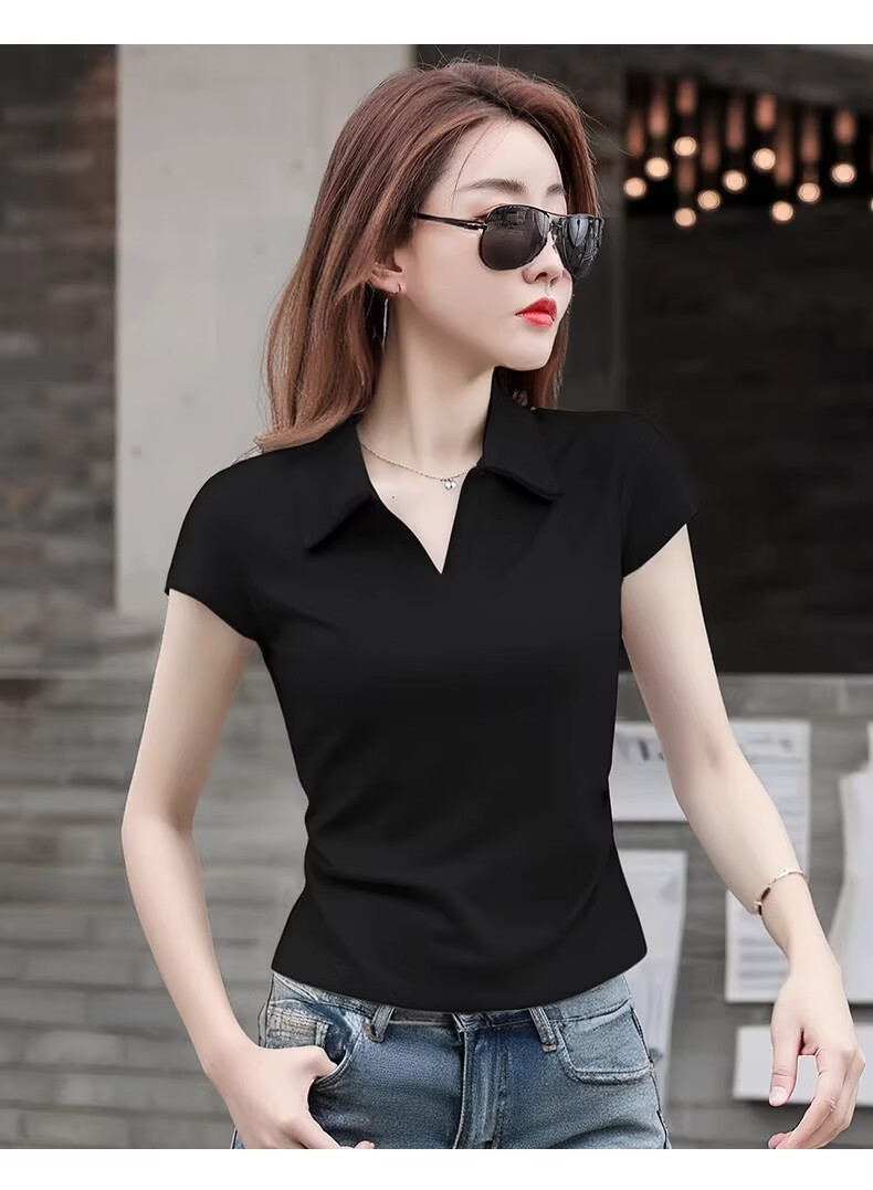 Woodpecker Pure Cotton Polo Collar Short Sleeve T-Shirt Women Summer Shoulder Pleated Waist Slim Fit Cropped Top Black XL 15