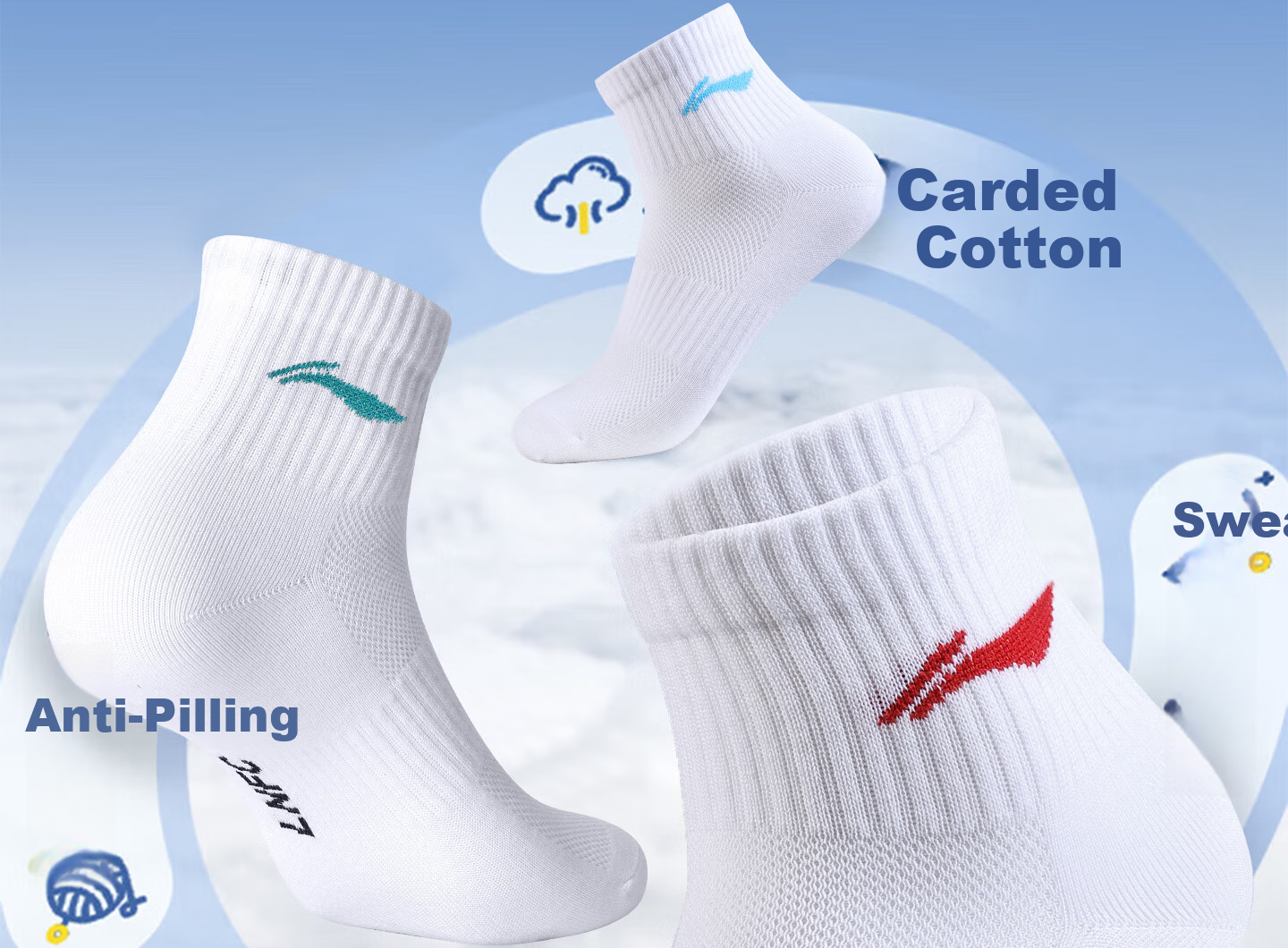Li-Ning 3 Pairs Short Sports Socks Unisex Running Socks Summer Youth Cotton Sweat-Absorbent Breathable White XL 2