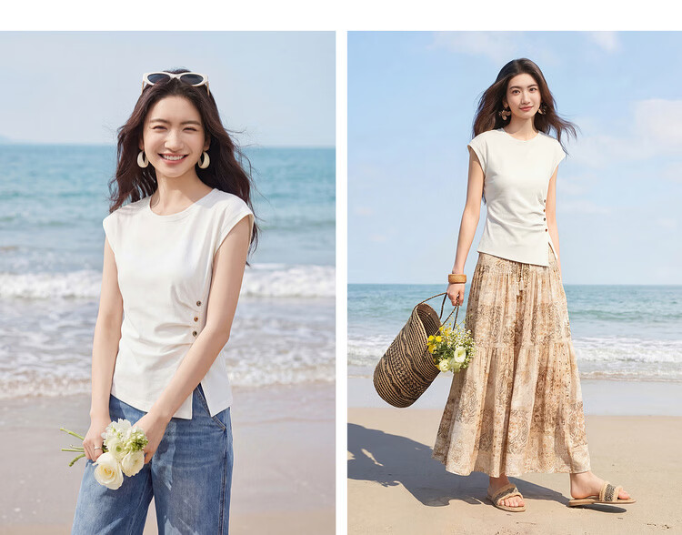 Shangdubila Cotton Blend Crew Neck Youthful T-Shirt for Women Spring Summer Side Slit Slim Fit Knitted Top Color-Block Button Pleated Women's Wear 19