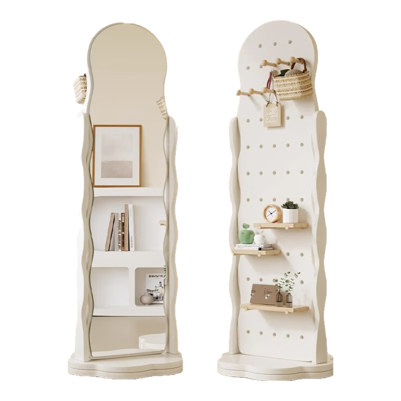 Millennium Mansion Pegboard Rotating Full-Length Dressing Mirror with Integrated Clothes Hanger and Storage Rack Floor-Standing Fitting Mirror 170*40 White