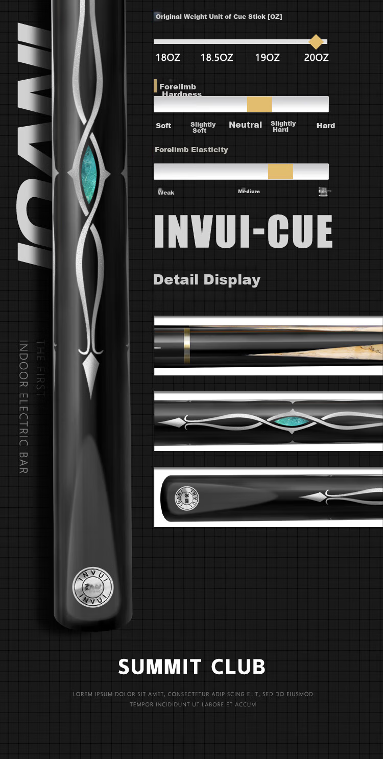 INVUI 3/4 Split Small Tip Chinese Style Black Eight Snooker Cue Z-19 2
