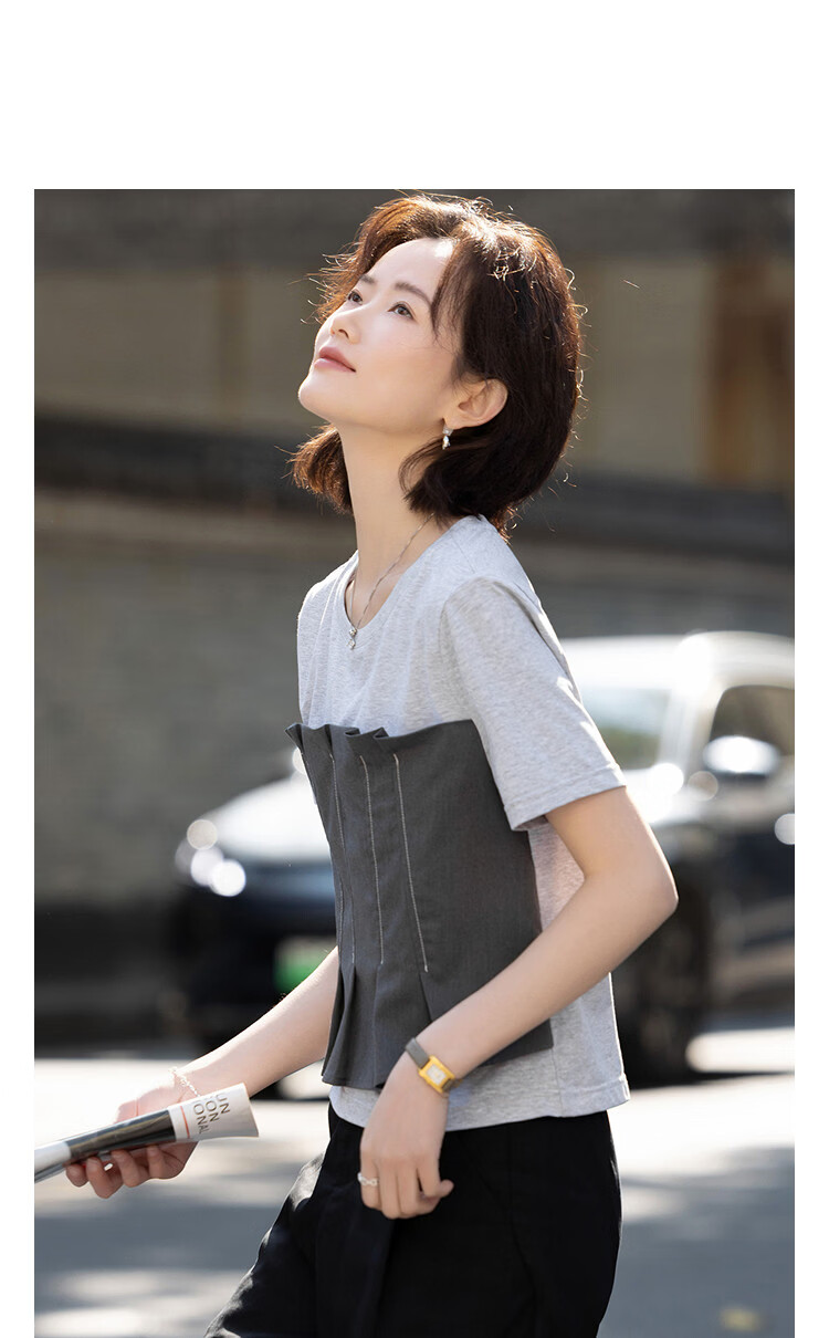 Demana [Fashion Urban] Summer 3D Pleated Strapless Layered Color-Block Faux Two-Piece Slimming Cotton-Spandex T-Shirt for Women Premium 11