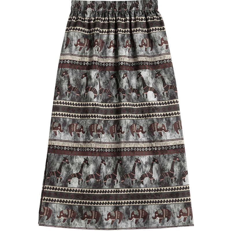 Demana [Soft Craftsmanship] Summer Ethnic Style Elastic Waist Printed Back Slit Loose Slimming High-End Midi Skirt for Women