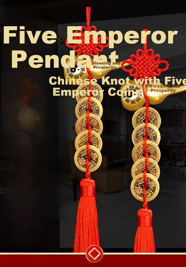 Feng Shui Pavilion Five Emperor Coins Copper Open Gourd Door Hanging Ornament for Front Door Neighbor Bedroom Bathroom Decoration 1