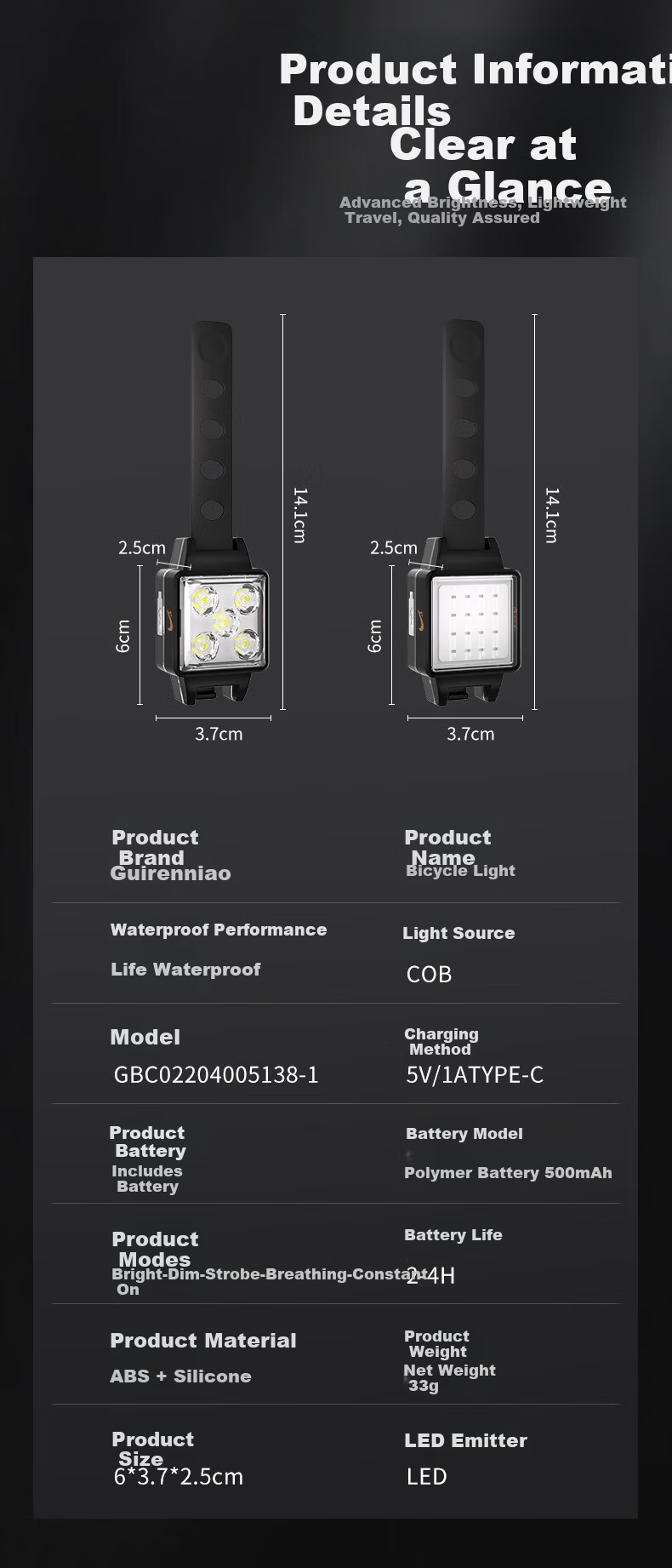 Gueriniao Bicycle Light Front and Rear Set High Brightness Mountain Road Night Riding Waterproof Rechargeable 828-1 11