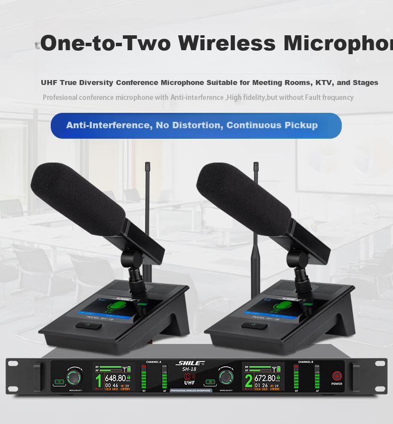 SHILE Dual Wireless Conference Microphone Desktop Short Rod Square Tube Mic Podium Anti-Interference Auto Frequency Matching Anti-Howling SH-18 with Rod 1
