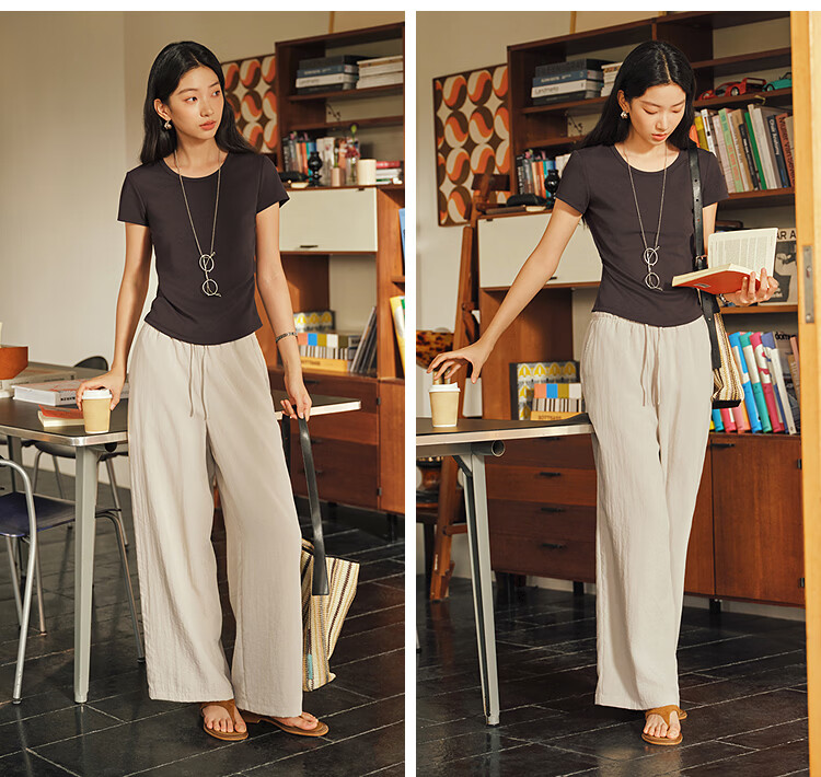 Semir Women's Casual Summer Solid Texture Ruffled Wide-Leg Loose Draped Pants 2026 Wide-Leg Trousers 109326127015B 35