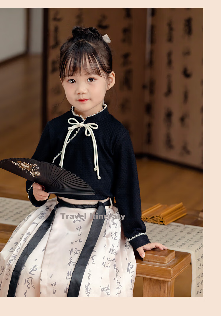 Menghu Lantingxu Hanfu Girls 26 Spring Autumn National Style New Skirt Ming-style Horse Face Skirt Set Black Top 140 10